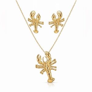 Gold Lobster Pendant Necklace and Earrings Set